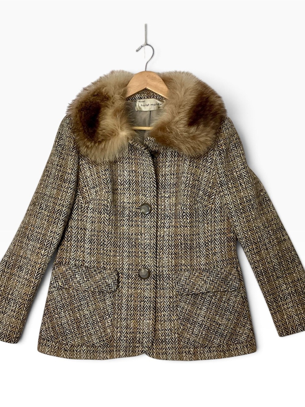 vtg HORST MANDEL BERLIN sz Small Wool Herringbone Car Coat Fur Collar Brown